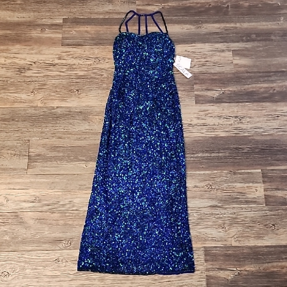 Scala Handcrafted Silk Royal Blue/Green Beaded, Sequin Formal Dress, Size 7/8